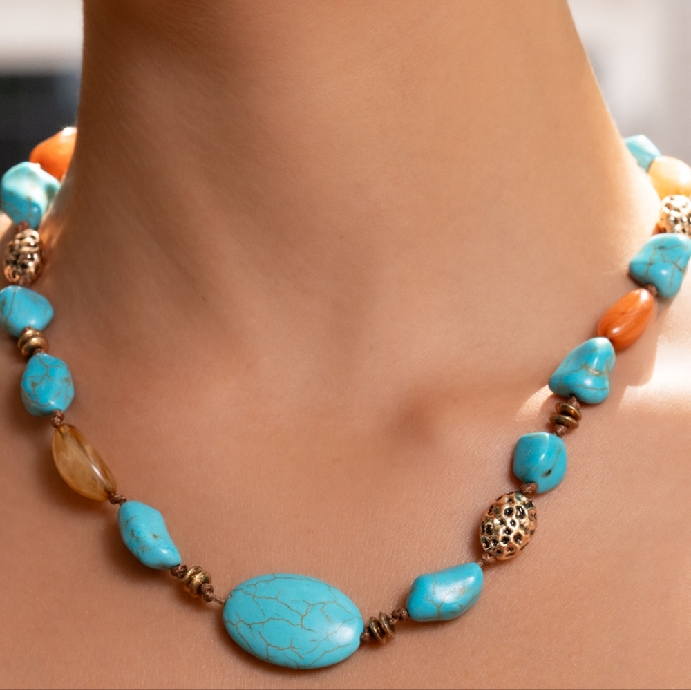 Adorably Adaptable Paparazzi Turquoise and Gold Necklace with Brown Accents - Picture 7 of 8